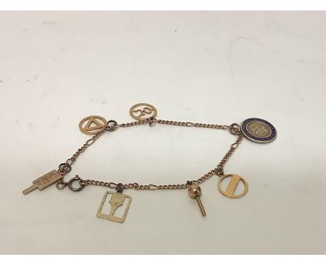 A 9ct gold charm bracelet, of dainty curb links, suspending 9ct gold charms including a blue enamel St. Christopher and vario