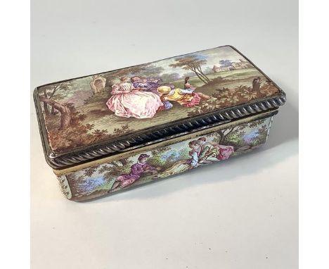 A German silver-gilt mounted porcelain snuff box, 19th century, in 18th century style, rectangular, painted to the cover and 