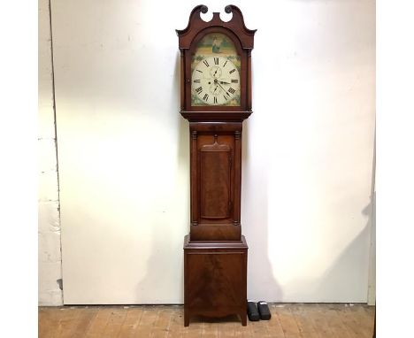 A Scottish mahogany longcase clock, 19th century, the painted arched dial signed Jas. McCulloch, Kinross, the spandrels paint