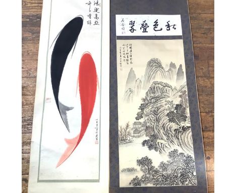 A Chinese scroll painting, Two Carp, ink on paper, with calligraphy and stamped red seal marks (image 120cm by 33cm); togethe