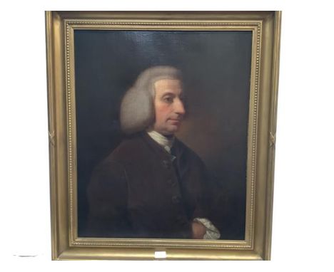 Attributed to Benjamin Wilson (1721-1788), Portrait of a Gentleman, half-length, in wig, brown coat and with lace cuff, oil o