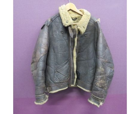 WW2 Period US Air Force B3 Sheepskin Flying Jacket. This example tailored with one open waist pocket. Heavy age wear, zip dam