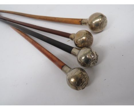 Four Various Military Swagger Sticks white metal ball tops impressed with Queens Own West Kent Reg... KC The Essex Reg... KC 