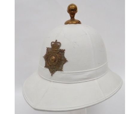 Post 1953 Royal Marines Dress Helmet white blancoed, six panel crown. Pointed peak and square back brim. Single pagri band. B