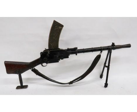 Scarce Deactivated Madsen Light Machine Gun barrel with flash hider. Blued steel barrel shroud. Rear leaf sight. Blued body s