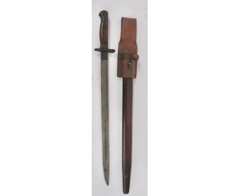 British 1907 Bayonet in 1914 Leather Frog 17 inch, single edged blade with fuller. The forte with maker "EFD" (Enfield) and d