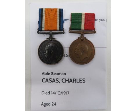 WW1 Mercantile Casualty Medals consisting Mercantile Marine named "Edward Hughes"... Silver War medal named "Charles Casas". 