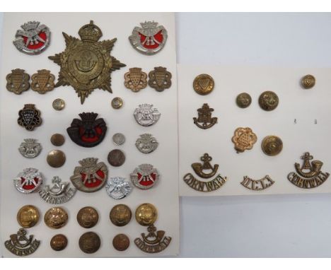 Good Selection of Cornwall Light Infantry Badges cap badges include KC brass Foreign Service helmet plate (slider)... Bronzed