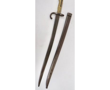 French Chassepot Sabre Bayonet single edged, Yataghan blade with large fuller. Back edge with maker's details dated 1871. Ste