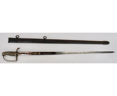 Georgian 1788/1796 Infantry Officer's Blued and Gilt Sword 32 1/2 inch, single edged, straight blade. Large fuller. Steel ret