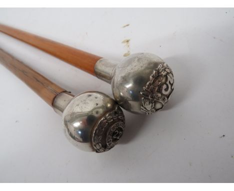Two Various Military Silver Swagger Sticks white metal ball tops impressed with 57th Middlesex with Birmingham hallmarks. Mal