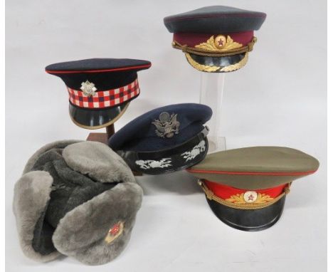 Small Variety of Post War Hats consisting Scots Guards Guardsman dress cap with anodised cap badge... Blue USAF Officer's cap