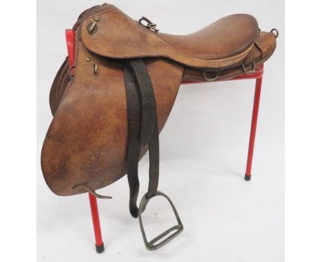 Canadian Issue Trooper's 1908 Dated Saddle tan leather saddle and side flaps with brass fittings. Inner padded leather boards