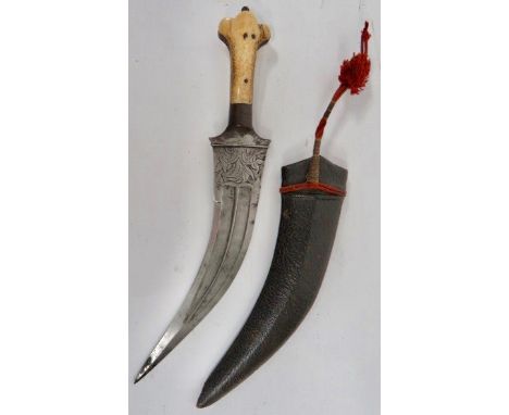 19th Century Indo Persian Jambiya Dagger 9 inch, double edged, curved blade. Chiselled double fuller with central rib. The fo