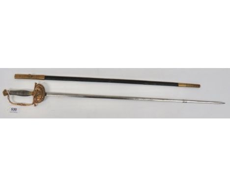 Victorian Court Dress Sword 29 inch, double edged, narrow blade. Etched floral scrolls and lances. Maker "To The Queen. Hawke