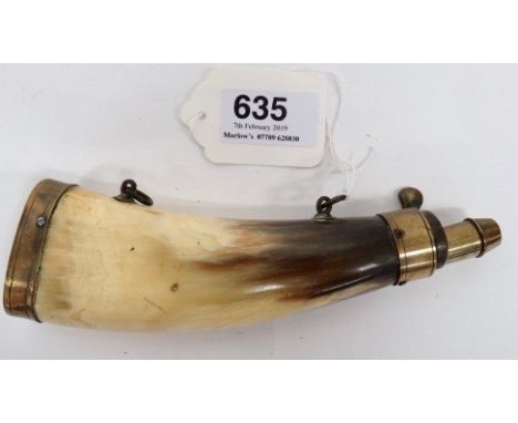 19th Century Horn Priming Flask tan and brown, flattened cow horn body. Oval brass base cap. Brass top with adjustable nozzle