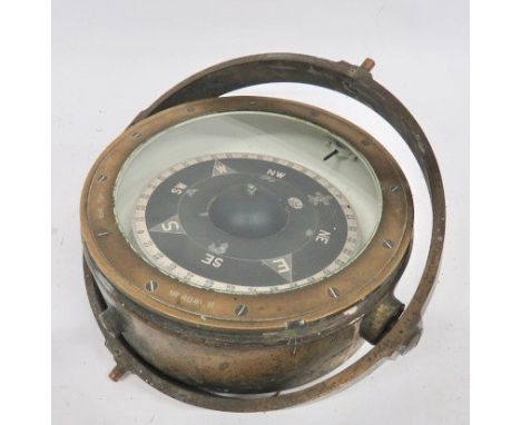 British Naval Pattern Compass large brass case. The top glazed frame stamped "Patt 195A" and "No 4041H". Black and white enam