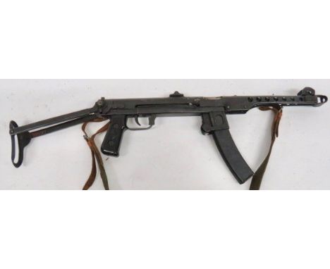 Deactivated Russian Type 44 Sub Machine Gun 7.62 mm barrel. Outer blued steel shroud and body casing. Front ear protected sig