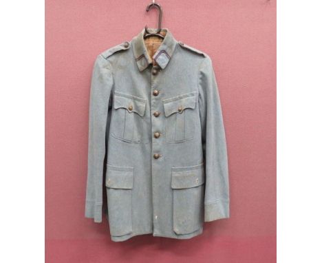 WW1 French Officer's Horizon Blue Tunic light, horizon blue, woollen, single breasted, stand and fall collar tunic. Pleated c