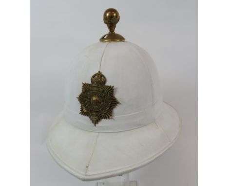 Pre 1953 Royal Marines Dress Helmet white blancoed, six panel crown. Pointed peak and square back brim. Single pagri band. Br