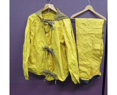 Rare RAF WW2 Dinghy Survival Waterproof Jacket &amp; Trousers bright yellow waterproof fabric jacket. Webbing tie fastened fr