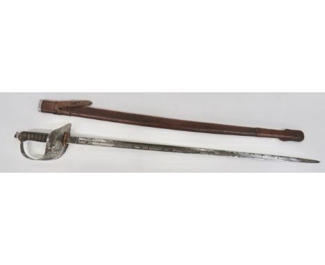 WW1 Period 1897 Pattern Infantry Officer's Sword 32 1/2 inch dumb bell blade. Etched foliage panels and Kings crowned "GRV" c