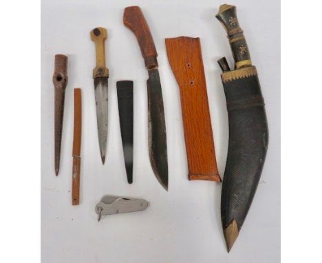 Small Selection of Various Knives consisting Indian knife. Double edged blade. One piece horn grip. Contained in its tooled l