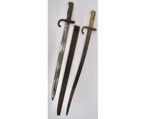 French Chassepot Sabre Bayonet and Similar 22 3/4 inch, single edged, Yataghan blades with large fuller. Rear edge with maker