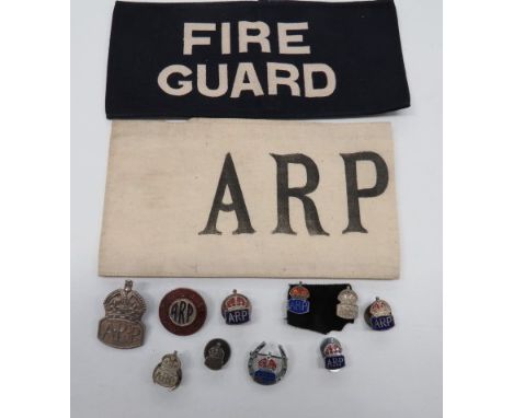 Small Selection of Home Front Badges including printed "ARP" white and black armband... Printed Fire Guard dark blue and whit