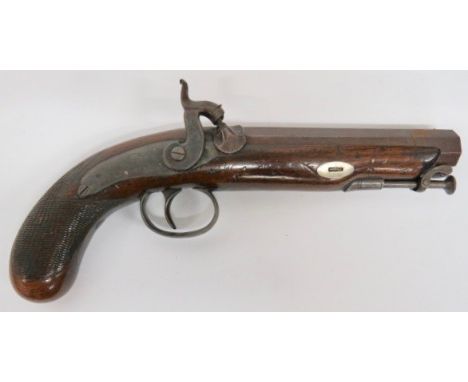 Mid 19th Century Percussion Greatcoat Pistol by "Smith London" 18 bore, 6 inch, octagonal, browned Damascus, smoothbore barre