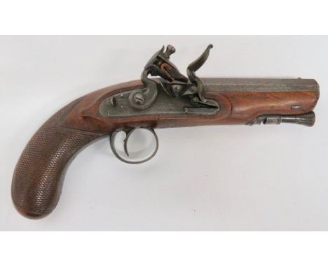 Early 19th Century Flintlock Greatcoat Pistol by "Reynolds" 28 bore, 4 1/2 inch, octagonal Damascus, smoothbore barrel. The t