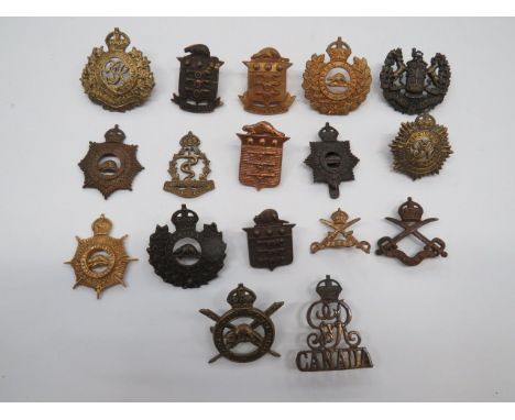 Selection of Canadian Corps Cap Badges including blackened 3rd Canadian Pioneers... KC brass Corps of Military Staff Clerks..