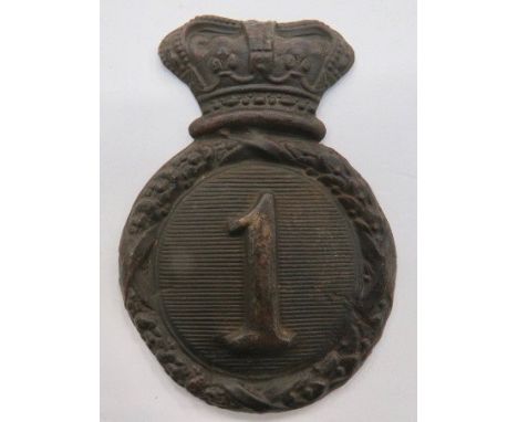 1st Royal Regiment Albert Shako Helmet Plate darkened brass, circular wreath with central "1". Top crown (top cross absent). 