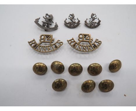 Small Selection of 94th Russells Infantry Badges consisting silver hallmarked B'ham 1918-19 cap badge (brooch fitting)... Mat