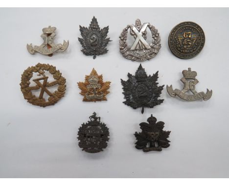 Selection of Canadian Cap Badges including Vic crown blackened 2nd Queens Own Rifles (1 lug absent)... KC blackened and white