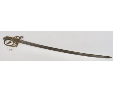 1822 Pattern Infantry Officer's Sword 32 1/2 inch, single edged, slightly curved, pipe back, quill point blade. Gilt brass, m