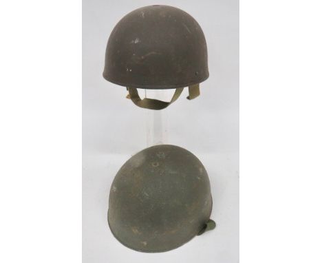 Two British Armoured Troops Steel Helmets painted, pudding basin shells. Black treated linen liner on composite frame with qu