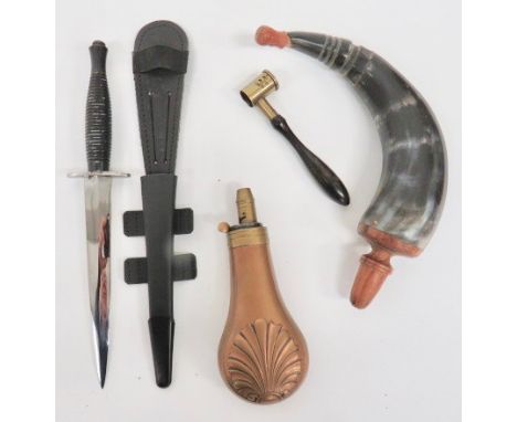 Small Selection of Various Items consisting copper powder flask. The body with shell design. Brass top with adjustable nozzle