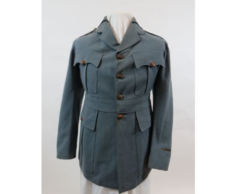 WW1 French Officer's Horizon Blue Tunic light horizon blue, single breasted, open collar tunic. Pleated chest and lower pocke