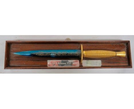 Presentation Third Pattern F &amp; S Commando Knife 7 inch, blued blade with gilt floral engraving. Gilt oval crossguard and 