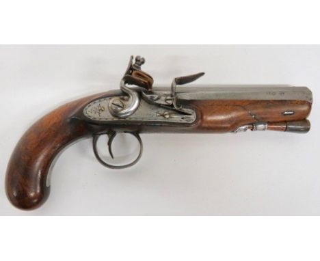 Early 19th Century Flintlock Greatcoat Pistol by "Scott Edinburgh" 20 bore, 5 1/2 inch, octagonal smoothbore barrel. The top 