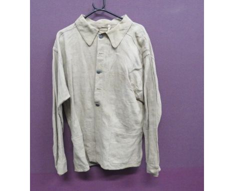 German Third Reich Fatigue Tunic cream/tan, khaki herringbone material, single breasted, closed collar tunic. Fold over colla