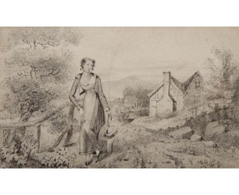 19TH CENTURY ENGLISH SCHOOL A double sided pencil drawing of a lady by a cottage and silhouette portrait of a man verso on pa