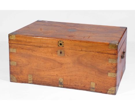 A COLONIAL CAMPHORWOOD AND BRASS BOUND TRAVELLING TRUNK with carrying handles, 106cm wide x 53cm deep