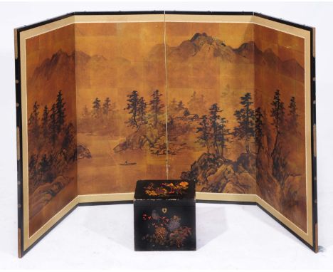 A CHINESE BLACK LACQUERED TEA CADDY with metal liner and hinged rising lid decorated oriental pheasants, 25 x 18cm; together 
