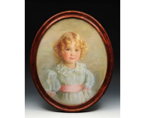 AN OVAL PASTEL PORTRAIT of a girl with lace dress and pink ribbon, indistinctly signed with monogram C.P.C.?, 39 x 41.5cm, fr