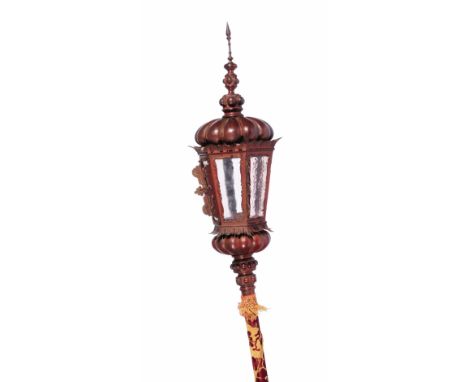 AN ANTIQUE VENETIAN GONDOLA LANTERN with gilt metal decoration and silk covered pole, approximately 260cm long 