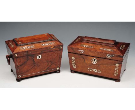 A MID VICTORIAN ROSEWOOD AND MOTHER OF PEARL INLAID TEA CADDY fitted with two lidded compartments, 20cm wide; and another sim