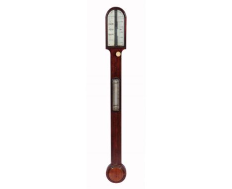 A 19TH CENTURY ROSEWOOD STICK BAROMETER, the arched ivory dial inscribed 'D. Bolangaro & Son, 32 Market St. Manchester' and w