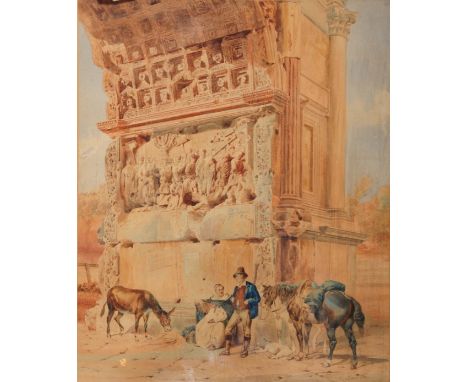 19TH CENTURY ITALIAN SCHOOL A priest and a peasant beneath a classical arch, watercolour, indistinctly signed Constantini, 59
